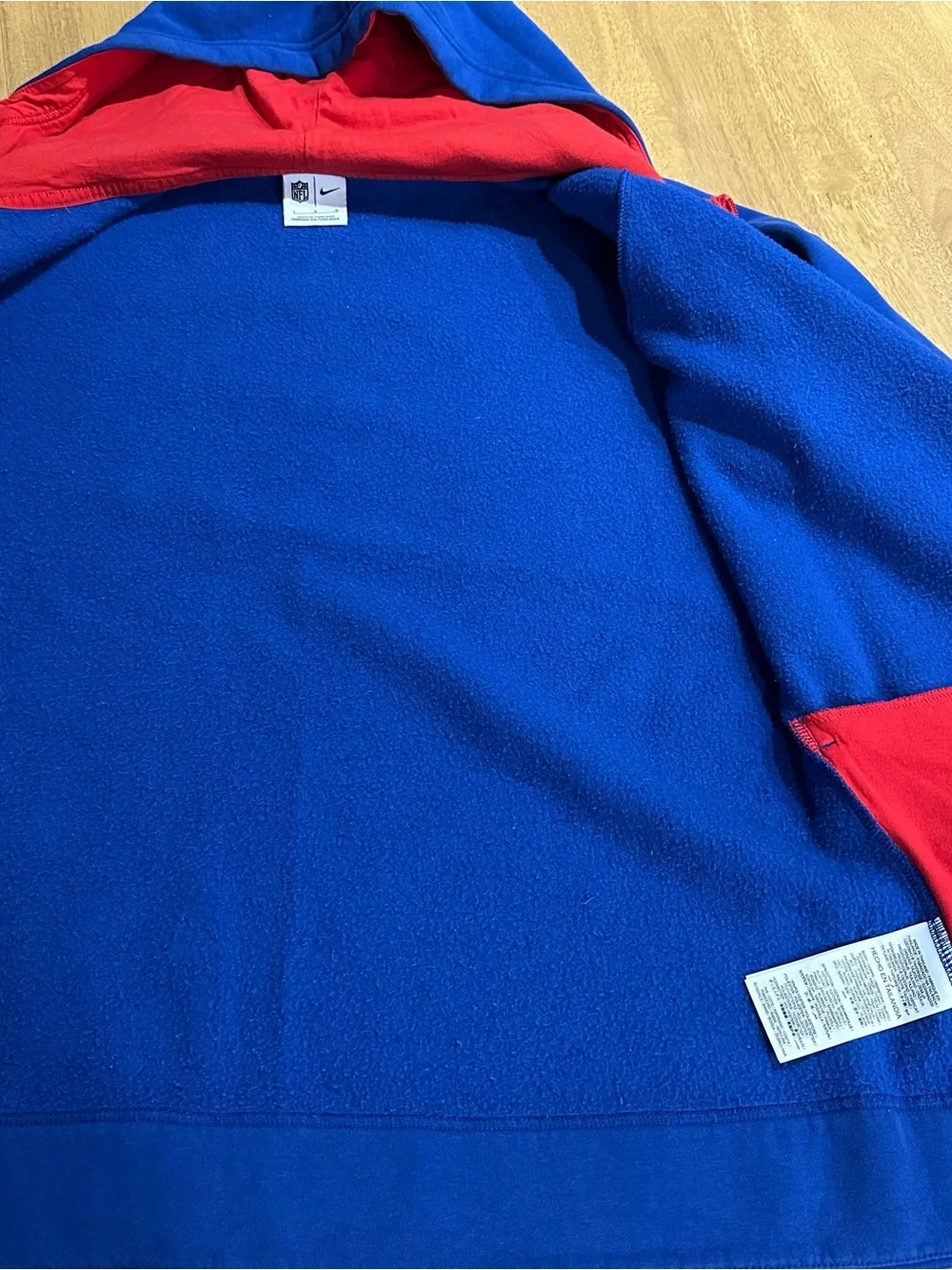 Nike Blue Buffalo Bills Assymetrical Zipper Hoodie with Red Trim Women’s Large